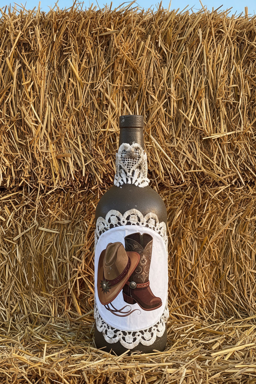 Decorative cowboy-themed bottle with dark glass and lace trim, cowboy boots applique