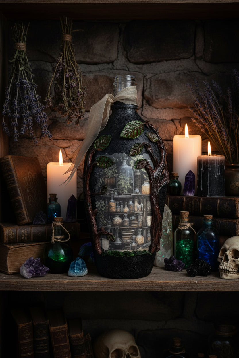 Apothecary-style glass bottle with dark label, decorative filler and cork
