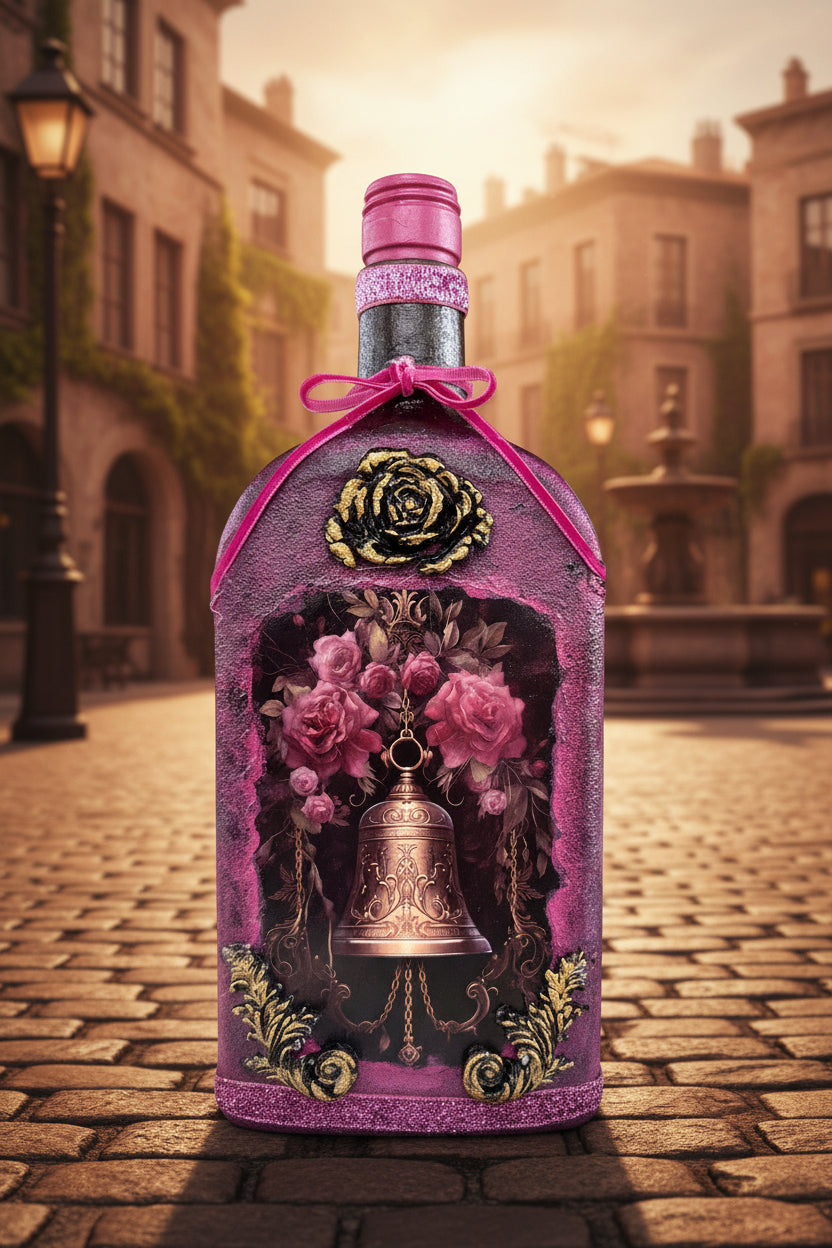 Decorative magenta bottle with black rose and bell design