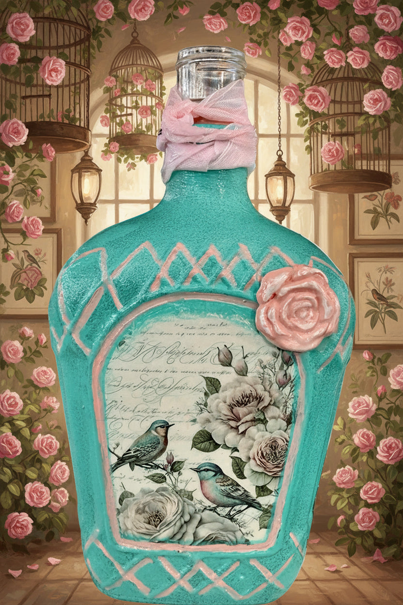 Teal decorative bottle with bird and floral illustration, rose detail on top