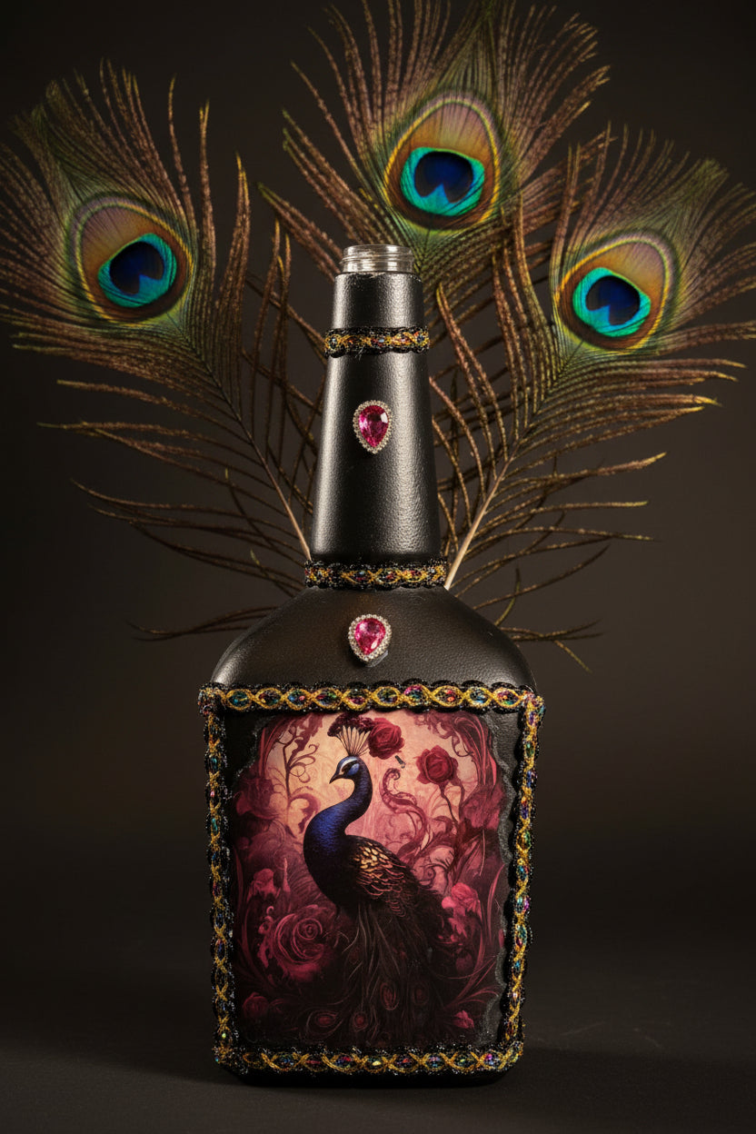 Decorative black bottle with peacock-feather motif and ornate floral band