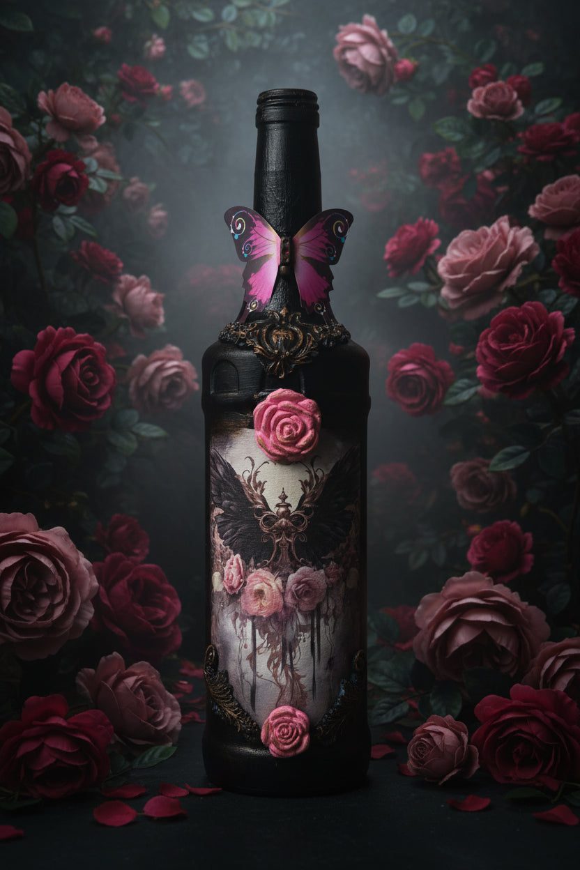 Decorative black glass bottle with pink roses and a purple moth print