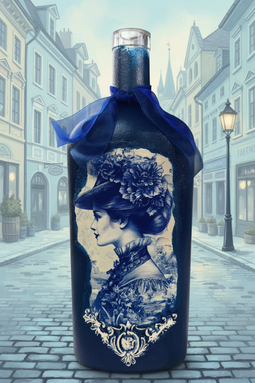 Vintage blue decorative bottle with floral Lady portrait and ornate lace band