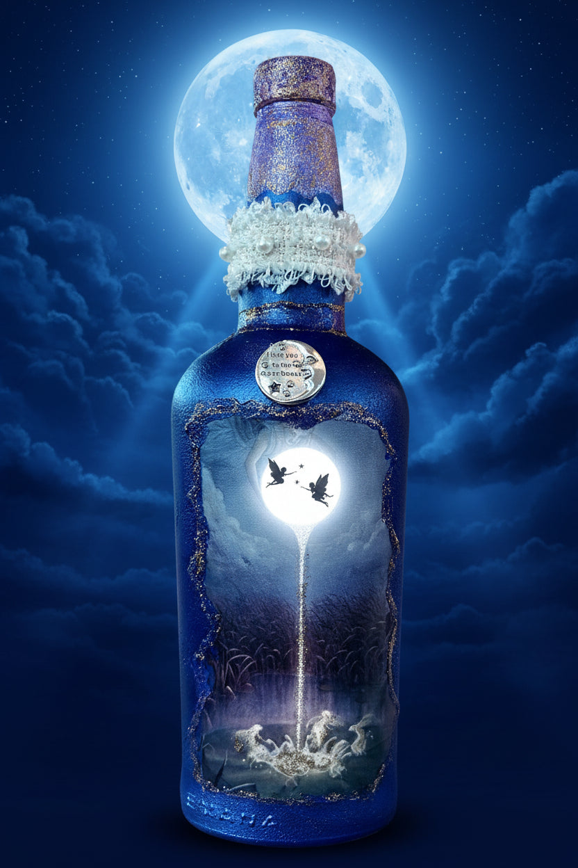 Blue glass decorative bottle with fairy-themed moon artwork and cork stopper