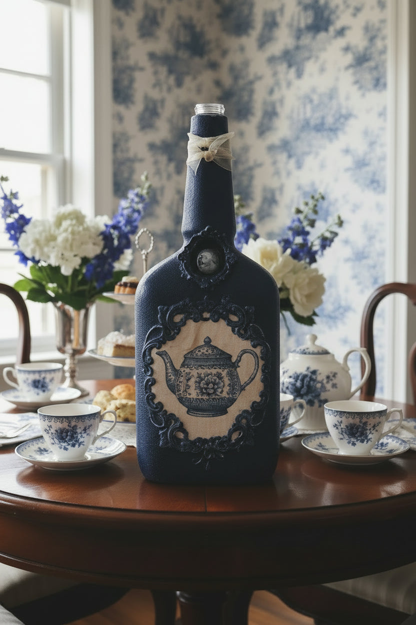 Blue ceramic tea pot with ornate teapot medallion design