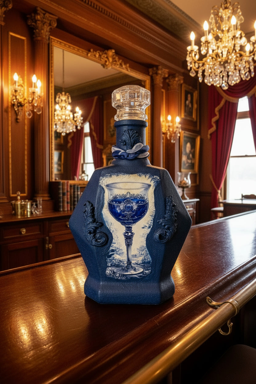 Blue glass decanter bottle with etched wine glass emblem