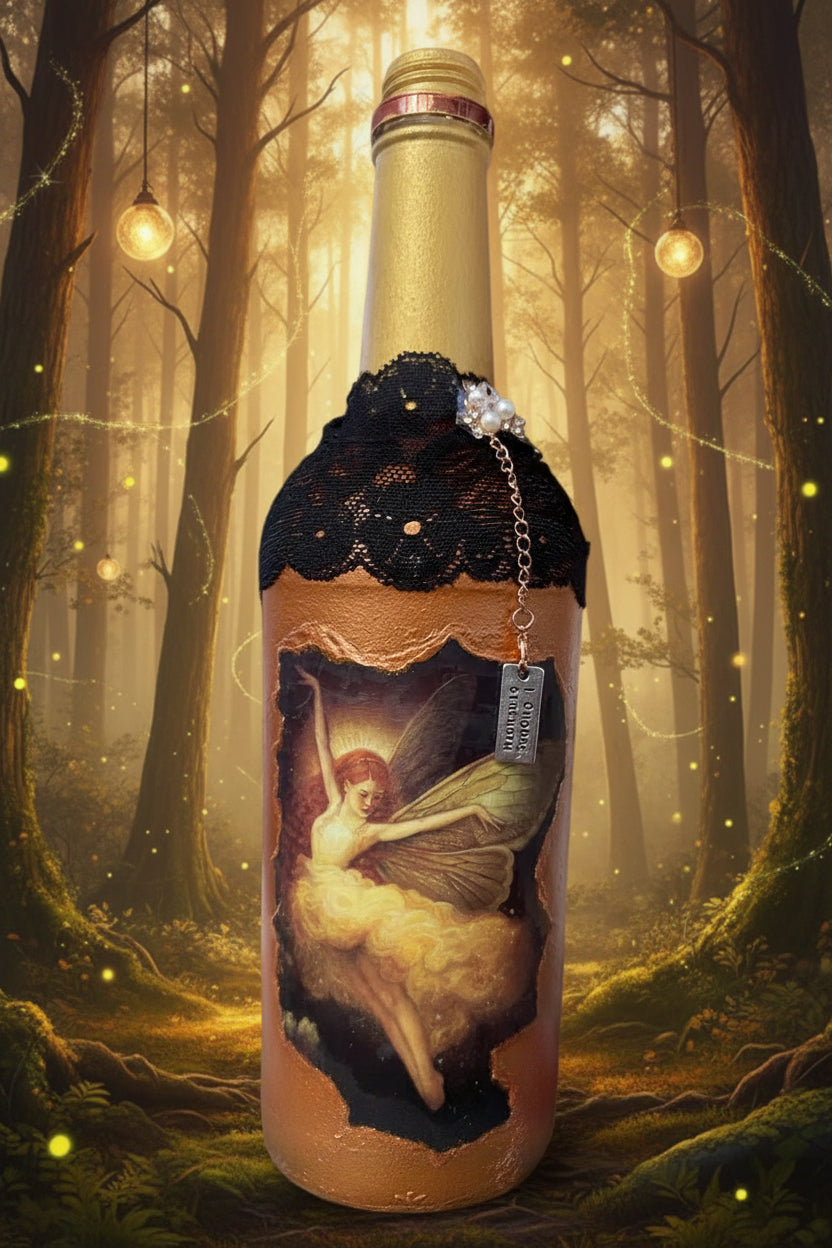 Decorative bronze bottle with gold glitter, black lace cap, fairy scene and charm chain