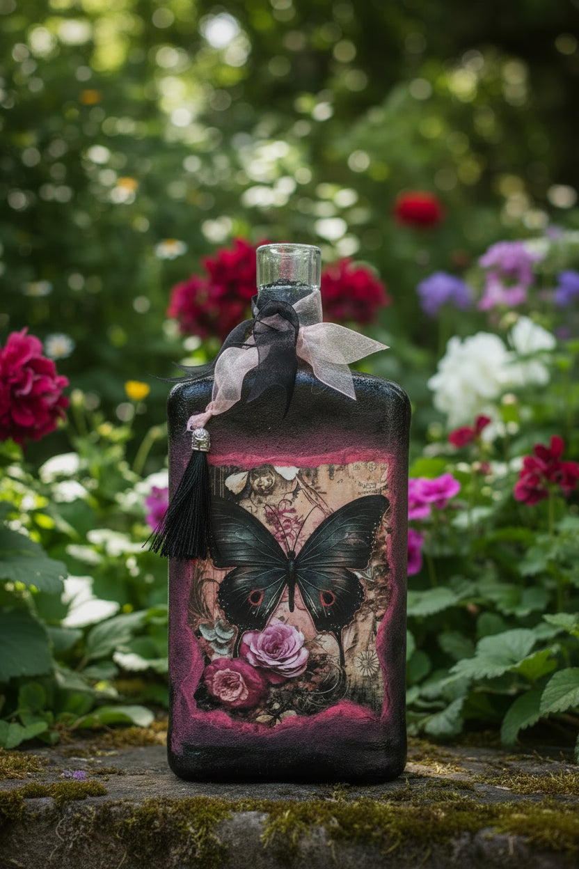 Decorative bottle with black, magenta butterfly and floral artwork