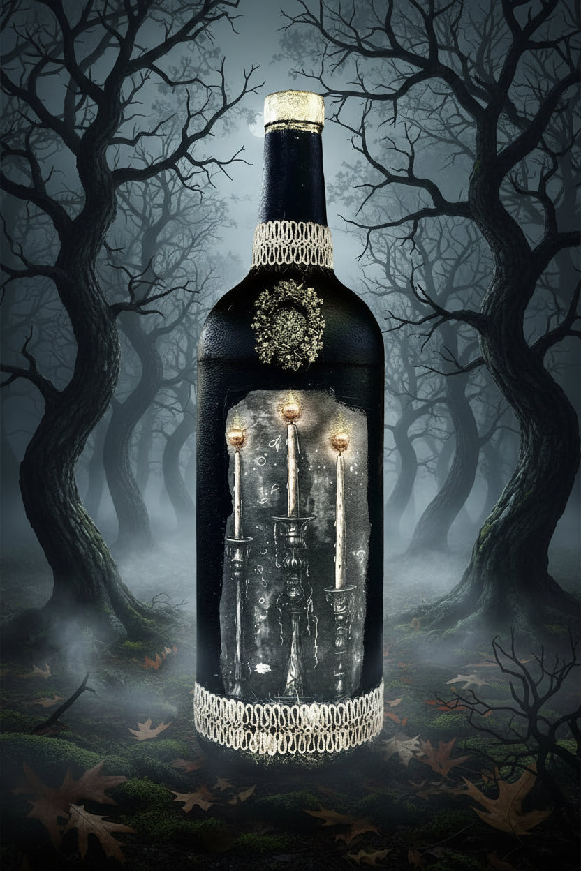 Gothic bottle-shaped candle with dark body and gold trim, wick flames on top