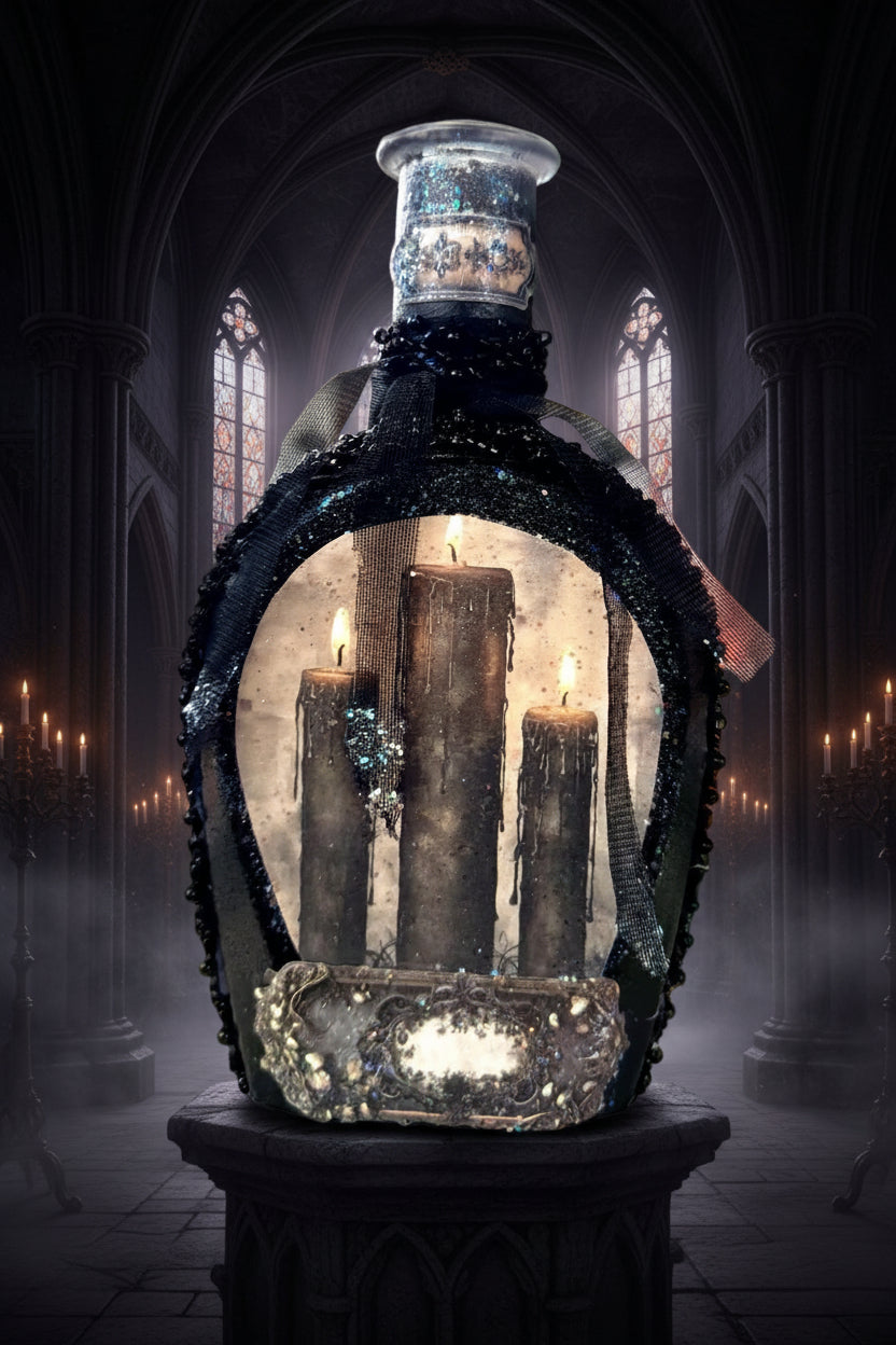 Large gothic candle in dark, frosted glass jar with metallic decorative band