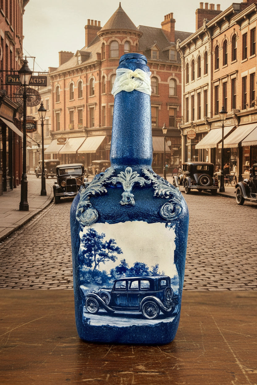 Vintage blue decorative bottle with white car scene graphic