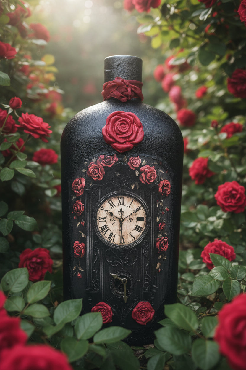 Black decorative clock bottle with red rose decals and ornate clock face