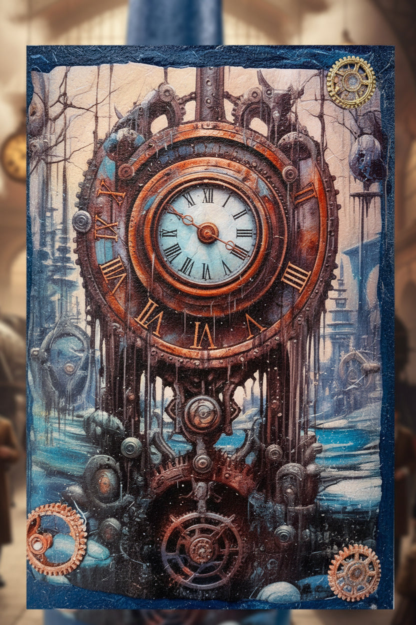 Steampunk clock bottle with blue glass and brass gears, dial centered on front