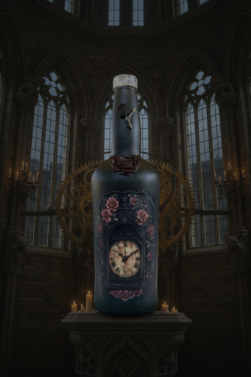 Gothic clock-themed decorative bottle with ornate floral and clock face