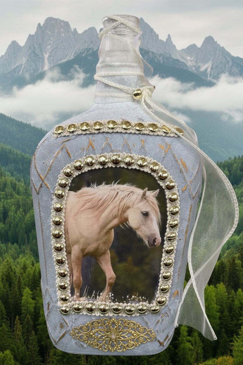 Bottle art with white fabric wrap and gold-edged horse portrait frame