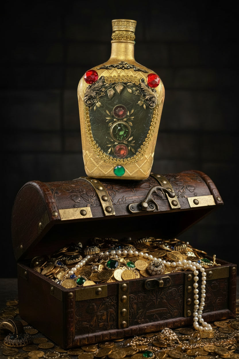 Ornate decorative jewel bottle with gold finish and red and green gemstone accents