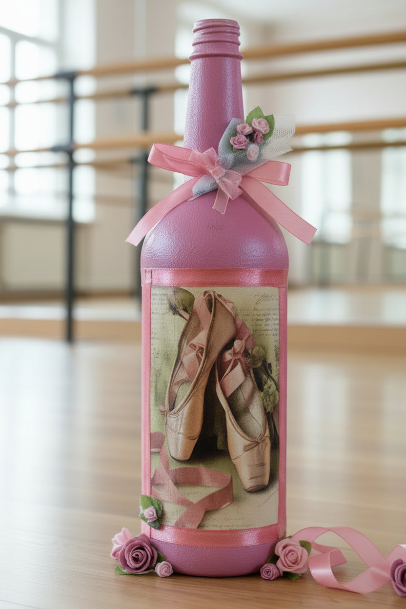 Decorative ballet bottle with pink ribbon, bows, and ballet shoes display