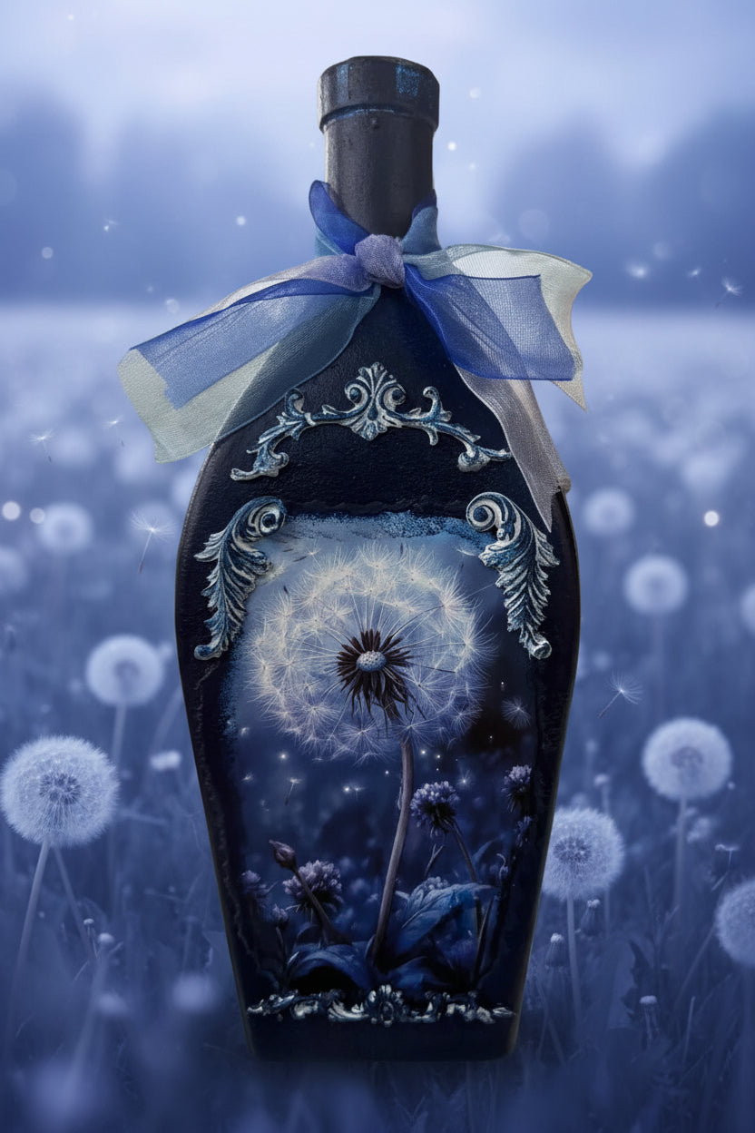Dandelion-themed decorative bottle with navy glass, blue ribbon, and dandelion artwork