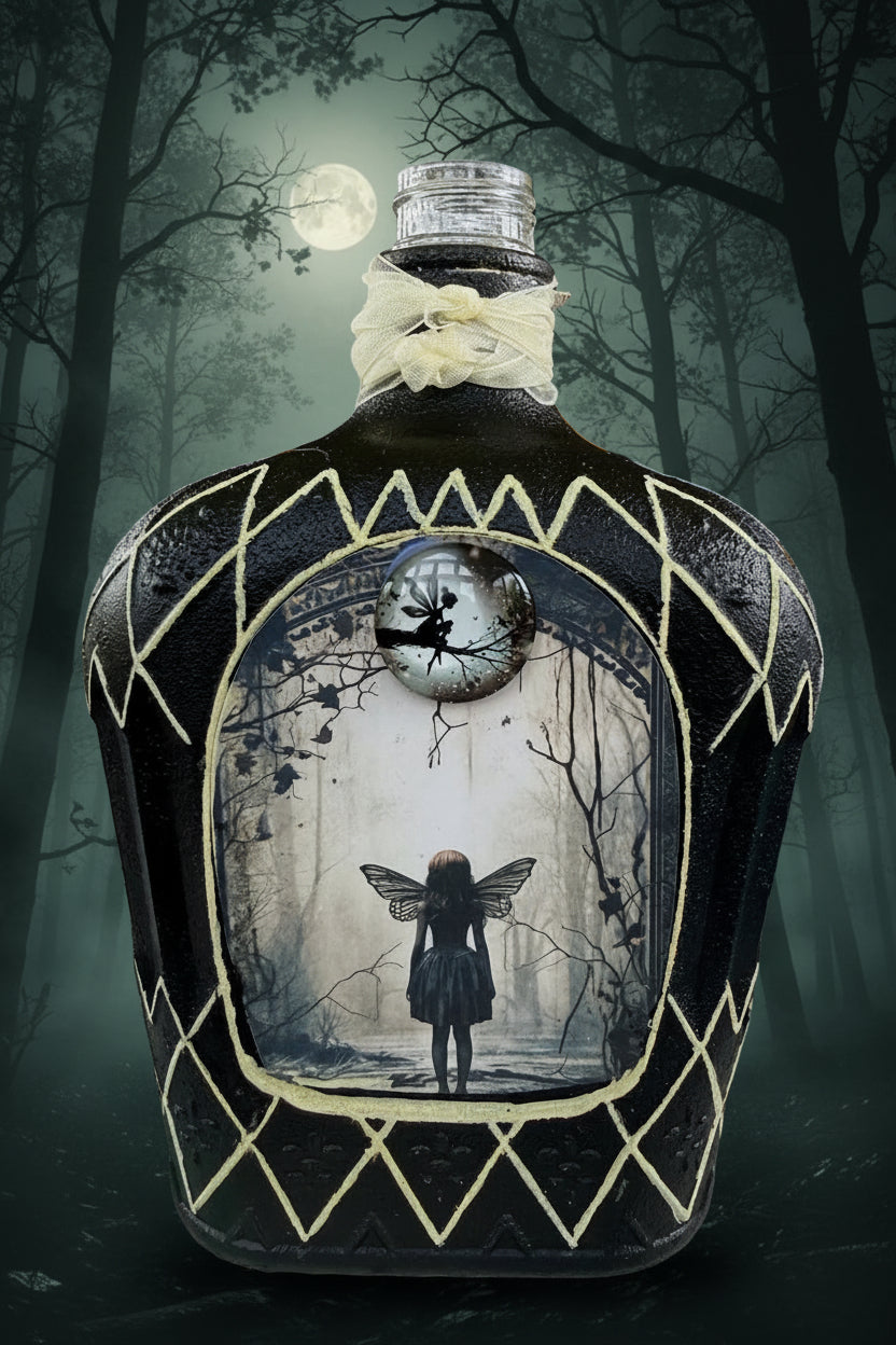Gothic fairy crown graphic jacket with white and black figure illustration
