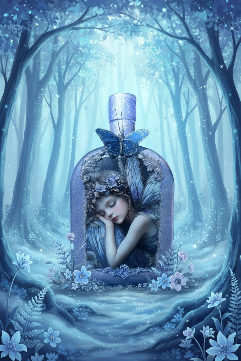 Blue fantasy fairy scene artwork with a winged figure in a forest