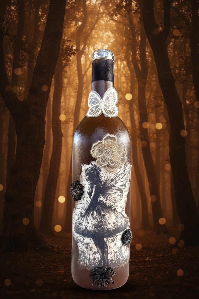 Decorative fairy butterfly bottle, brown and silver with butterfly and wing decals