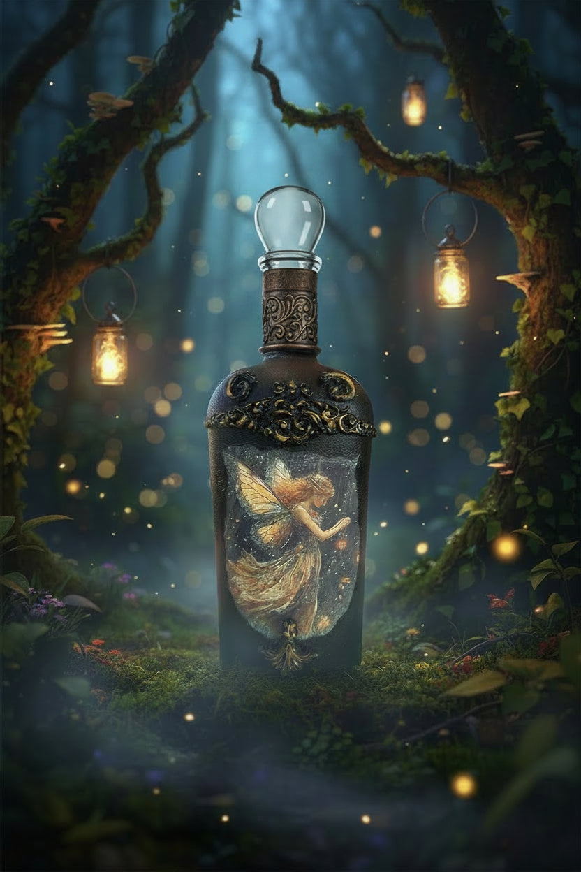 Decorative black fairy lantern with etched metal body and glass top