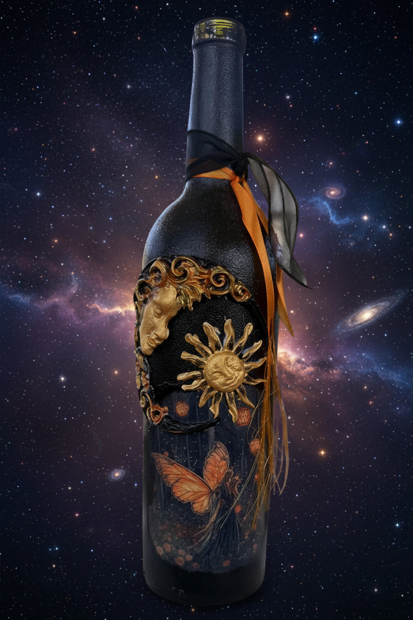 Decorative black bottle with gold sun and moon designs, butterfly, orange ribbon