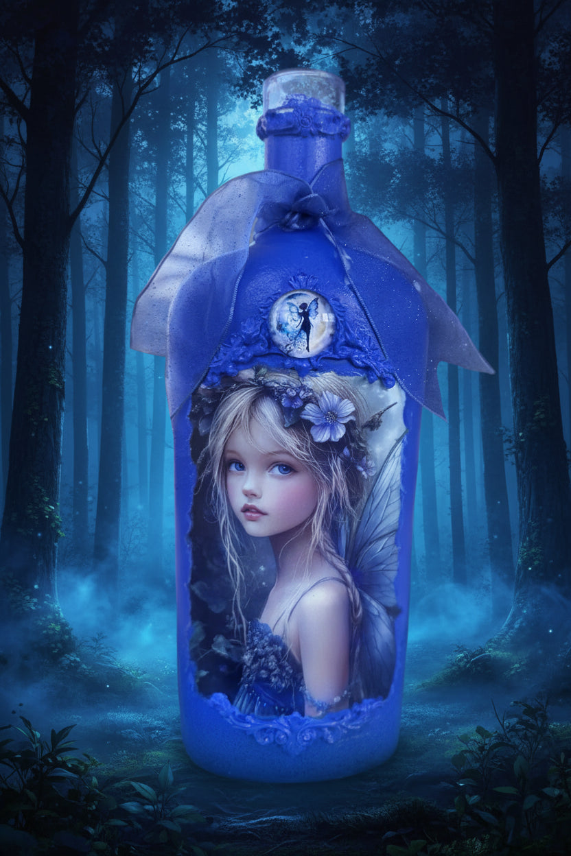 Blue fairy decorative bottle with oval portrait medallion and bow at top