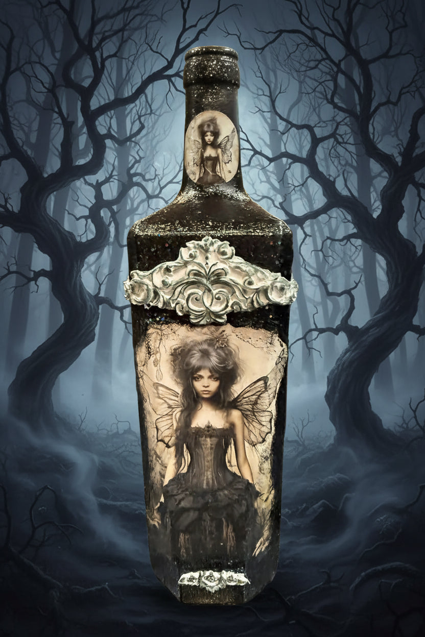 Goth fairy decorative glass bottle in dark gold, black, with ornate label and portrait
