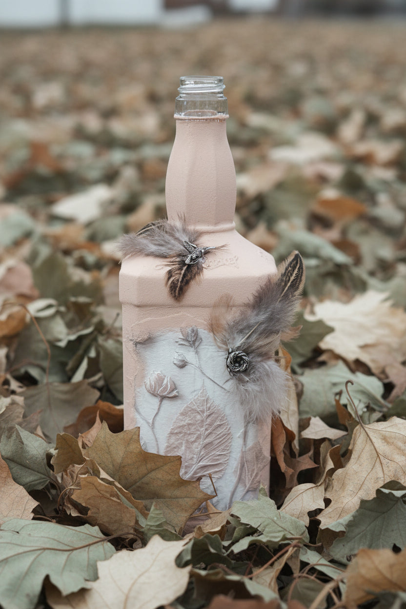 Decorative bottle wrapped with textured leaves and gray feathers, latte-pink