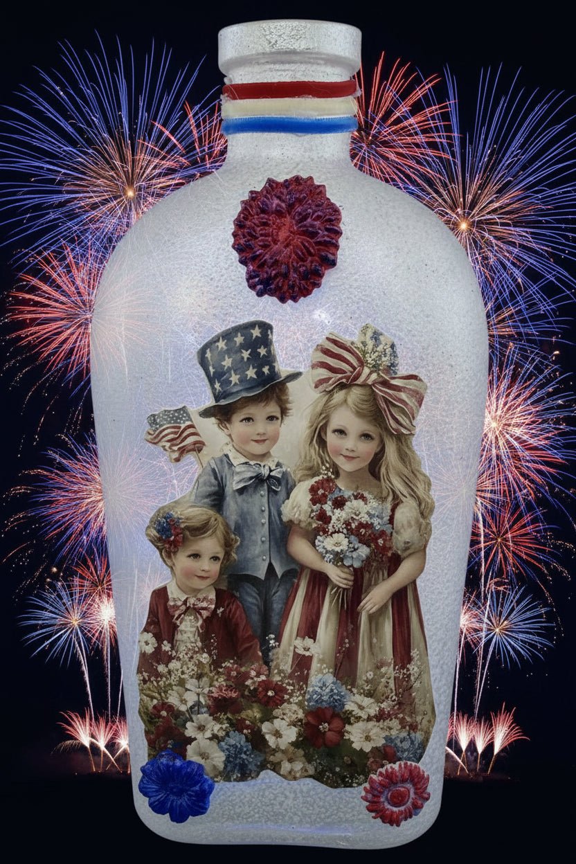 Decorative white bottle with family photo and red-blue flower trim