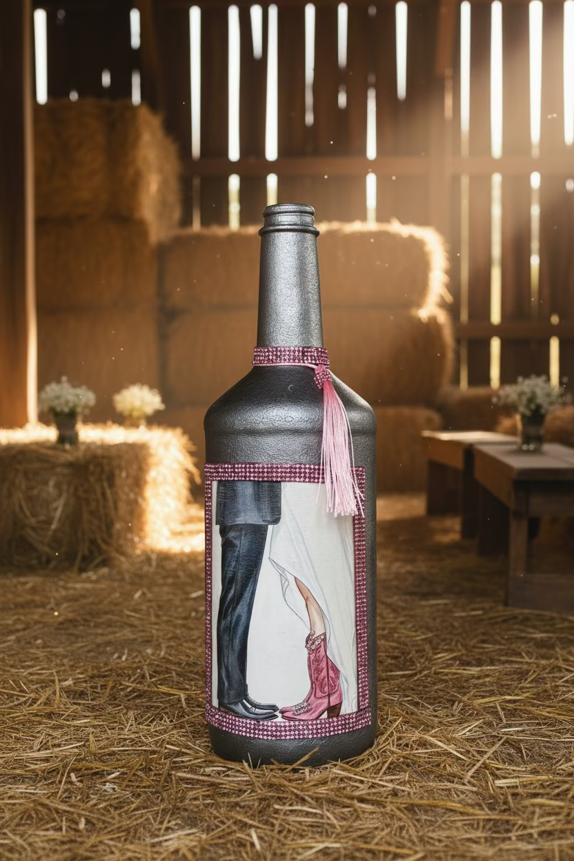 Decorative bottle with pink tassel and dress graphic, wrapped in fabric