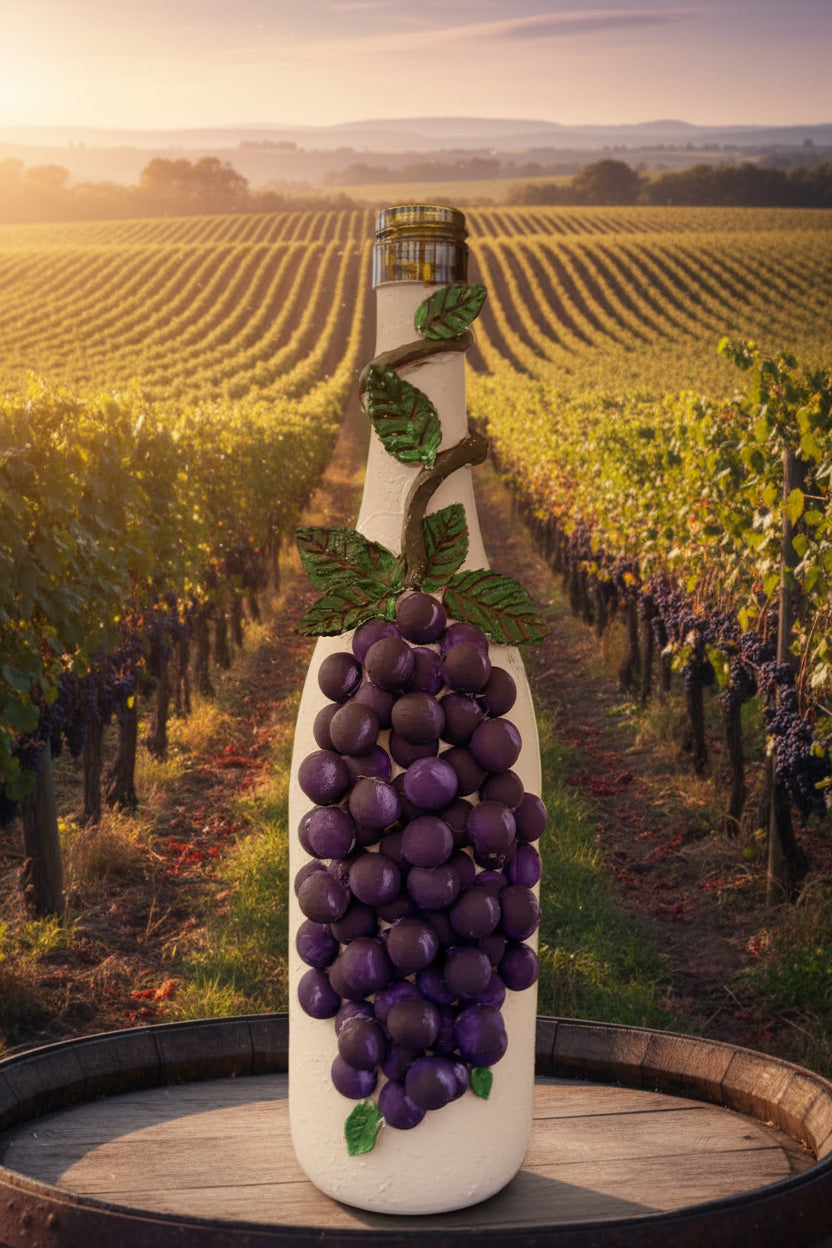 White vase with bunch of purple grapes and green leaves