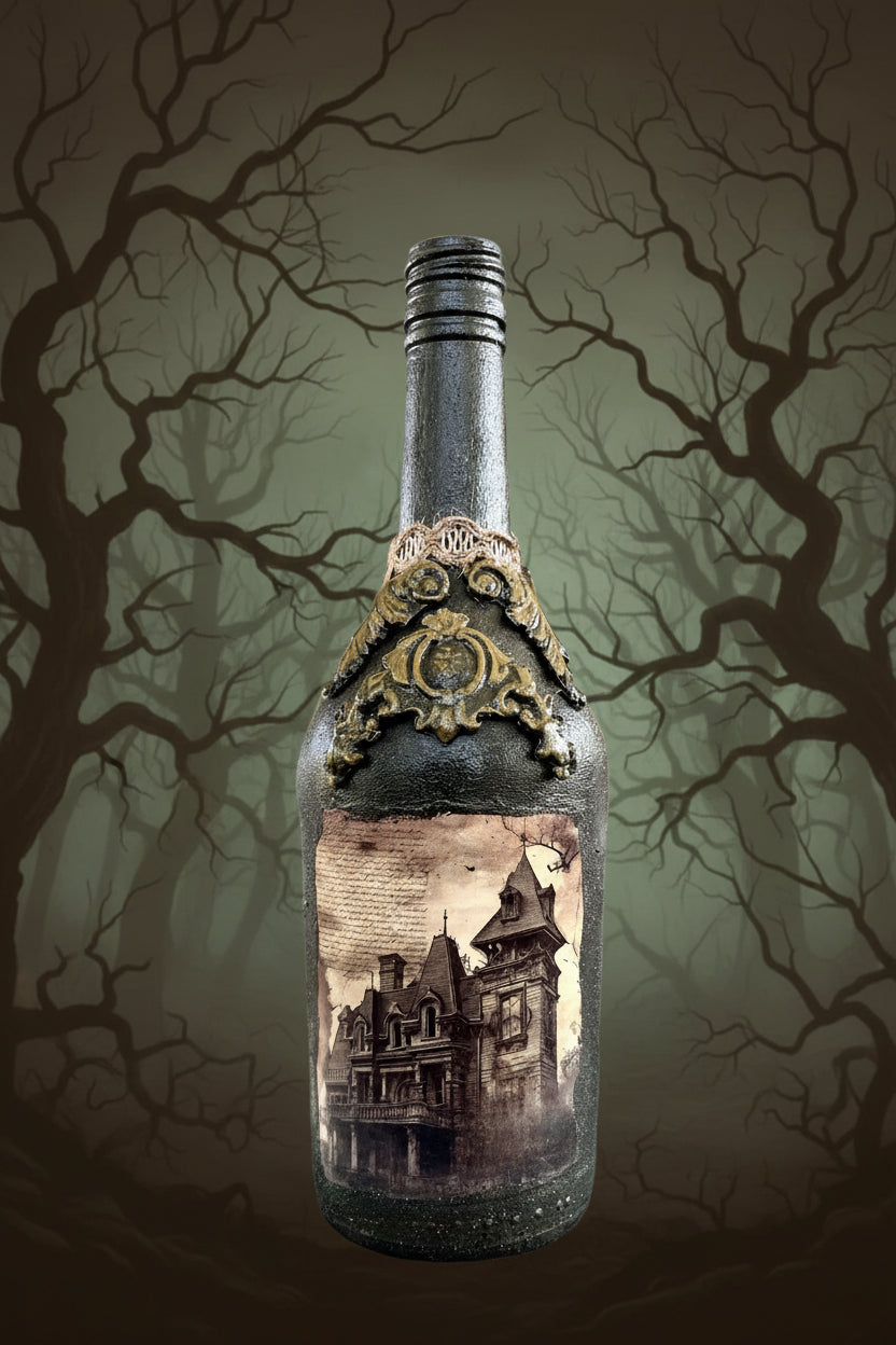 Decorative glass bottle with metal cap, ornate haunted house artwork on front