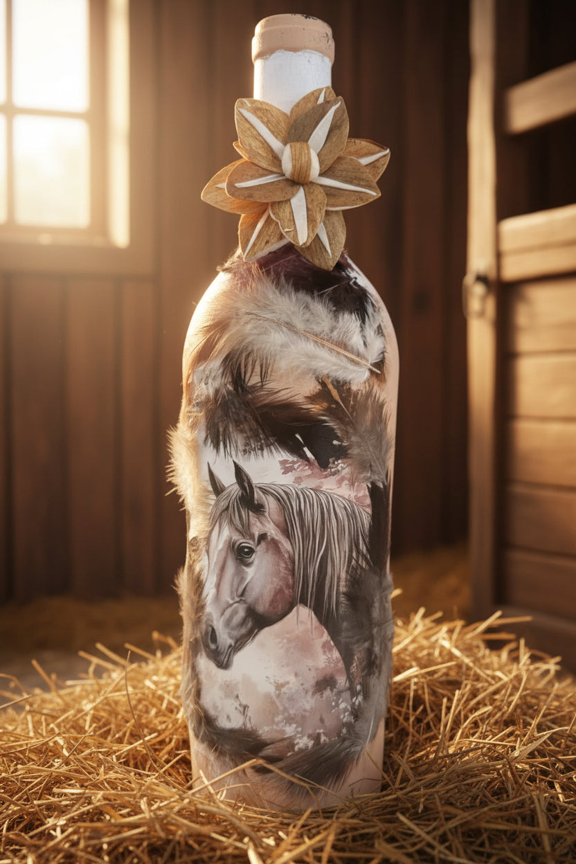 Decorative bottle with horse motif, feather trim, and floral topper
