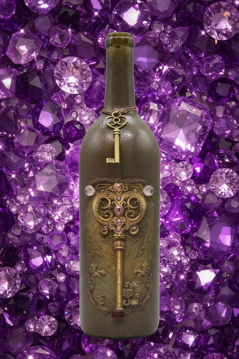 Decorative brown bottle with ornate key and crest emblem