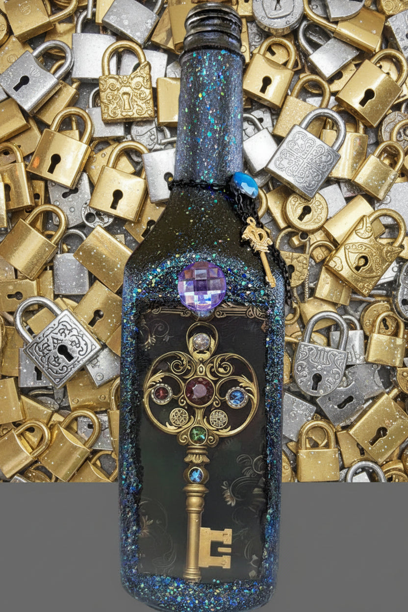 Blue key-themed decorative bottle with lock and key charms