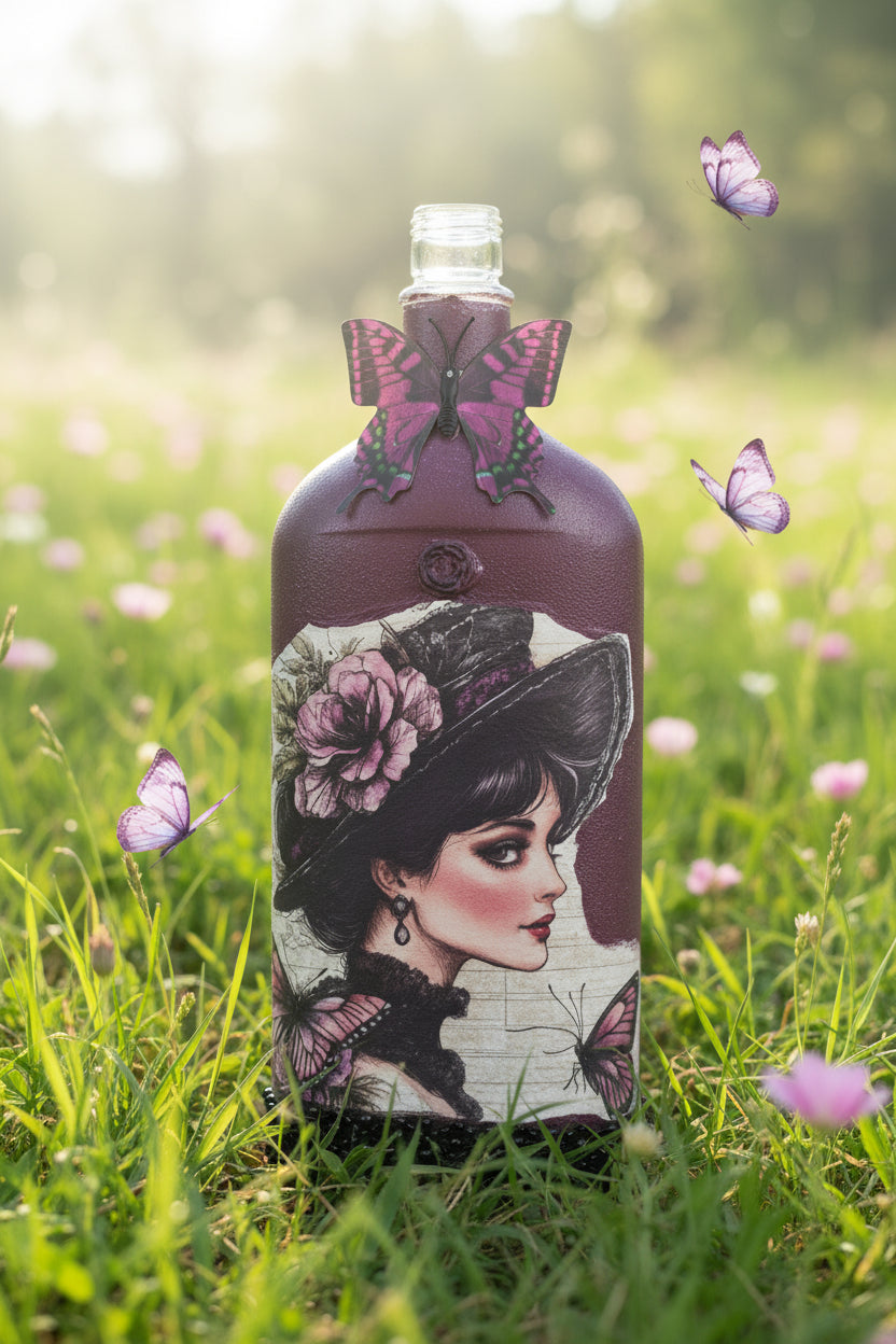 Decorative glass bottle with butterfly and lady portrait, plum and purple tones