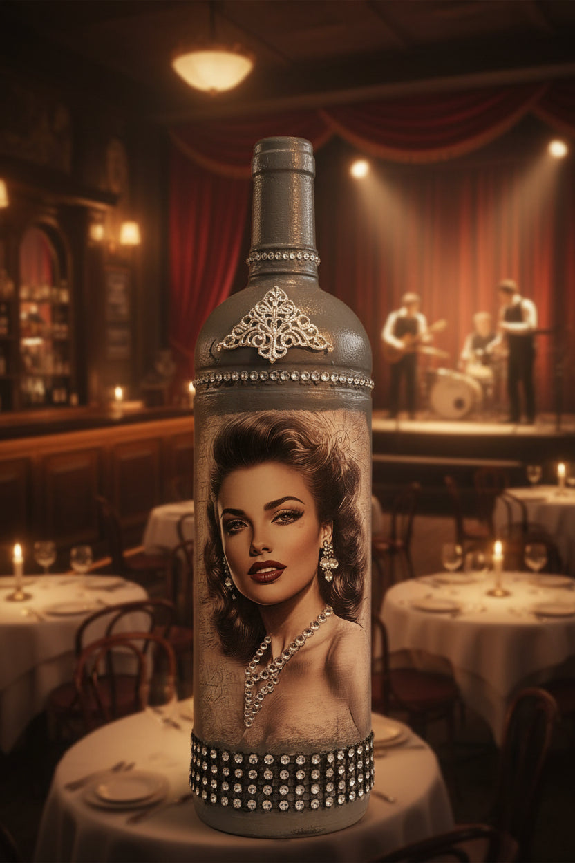 Ornate decorative bottle with silver filigree wrap and rhinestone band detail
