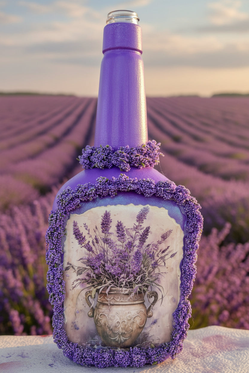 Lavender glass bottle decoration with purple floral trim and botanical label