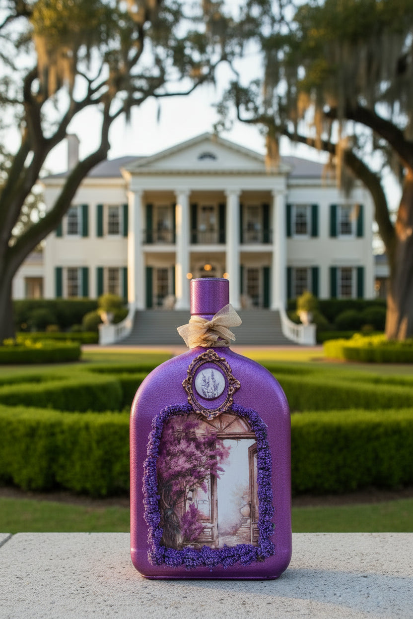 Lavender doorway decorative bottle with ornate purple stopper and framed scene