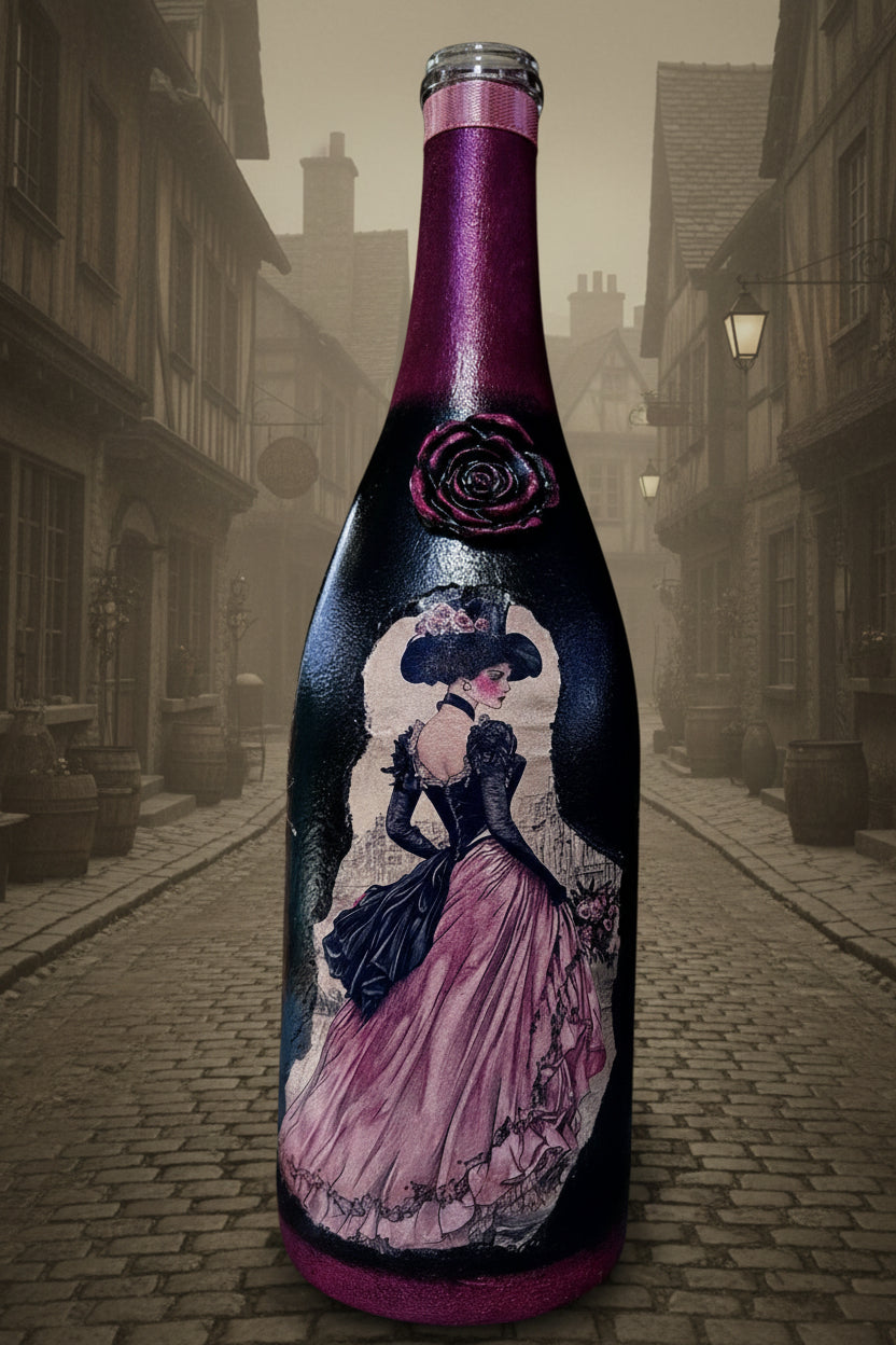 Decorative black and magenta bottle with painted woman, rose, and floral accents