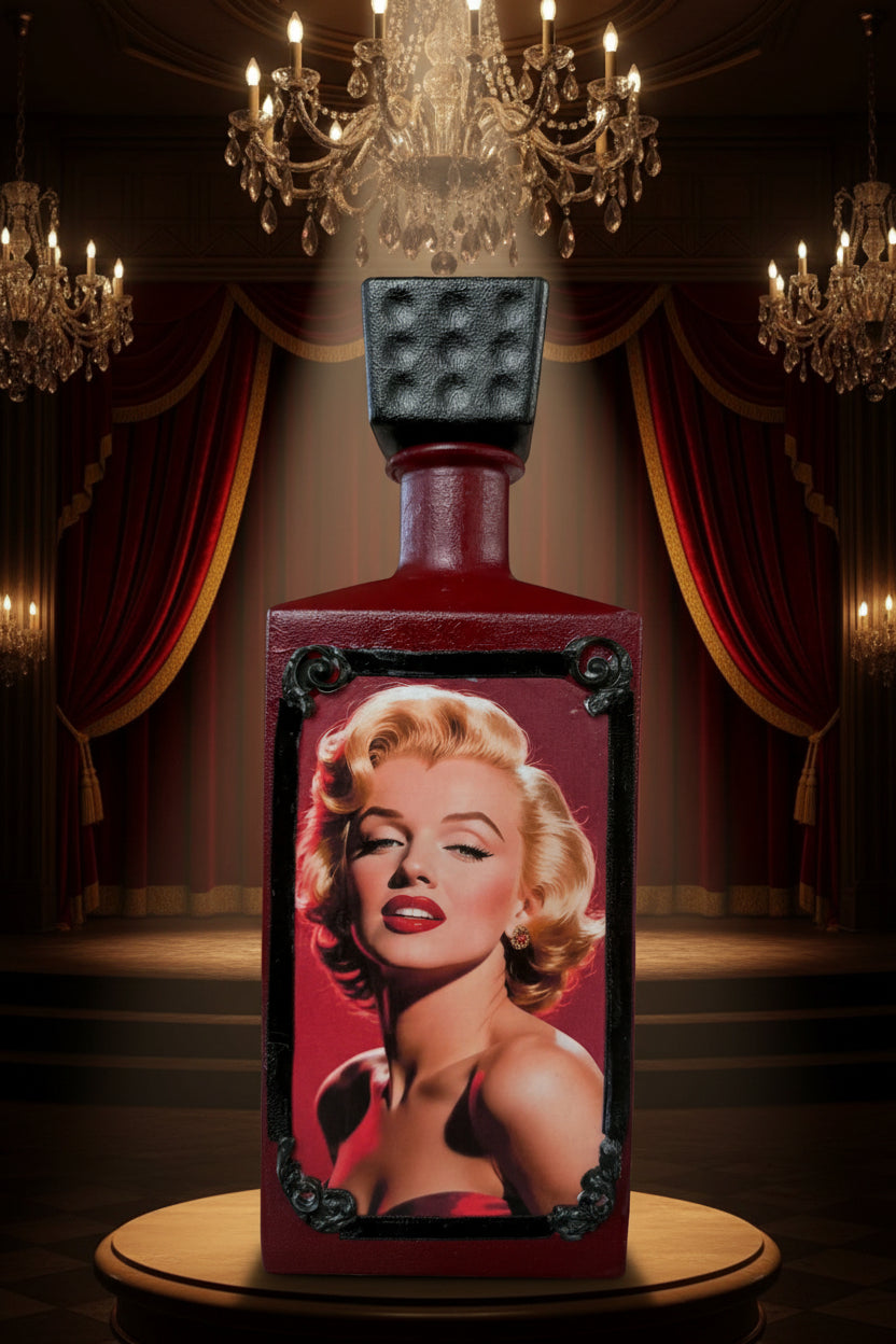 Marilyn portrait bottle decoration: red bottle with blonde woman's face and black top