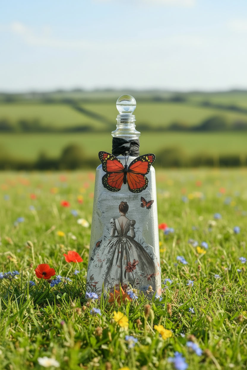 Decorative glass bottle with orange and black butterfly ornament on front