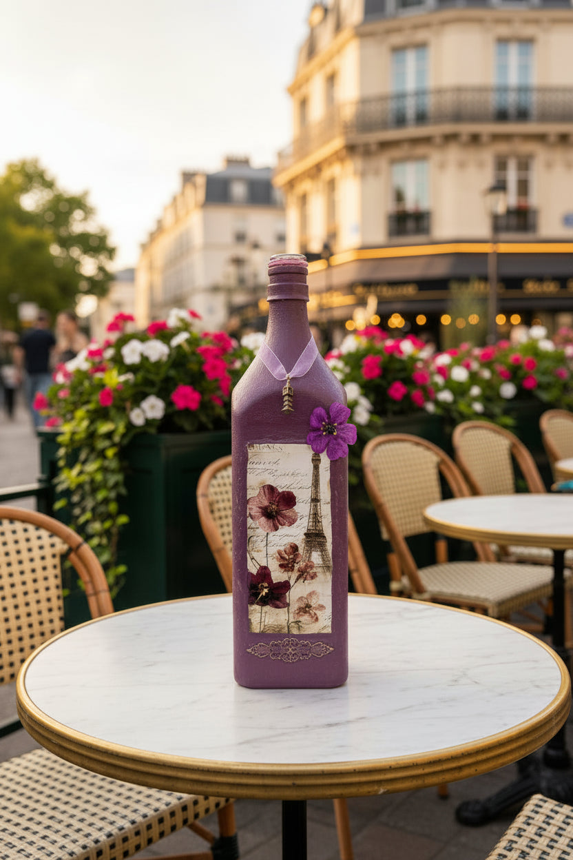 Purple glass wine bottle with floral print and decorative bow