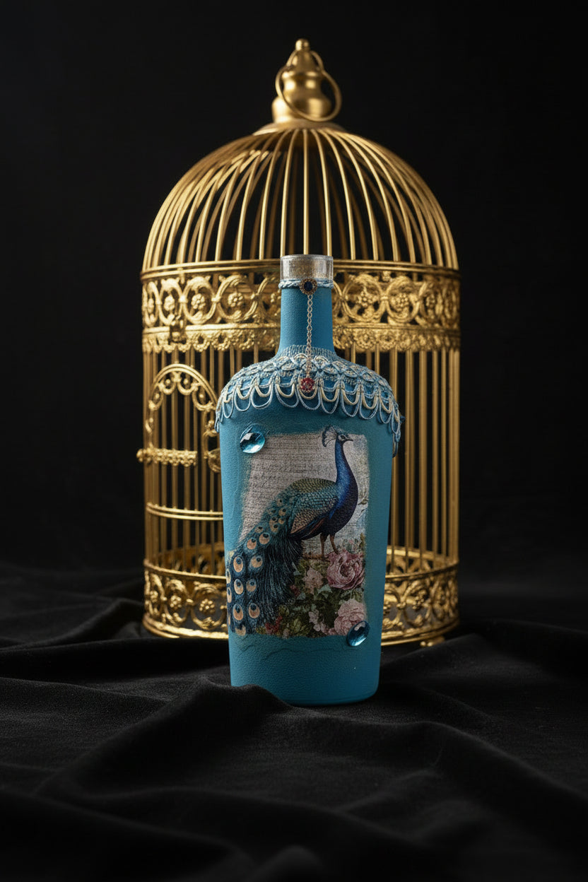 Large blue peacock decorative birdcage lantern with gold wire frame and glass bottle