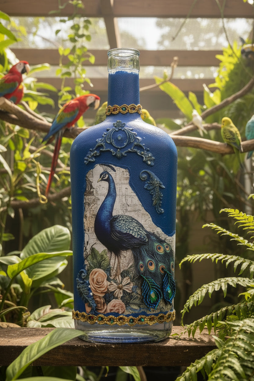 Large blue glass decorative bottle with peacock and floral pattern