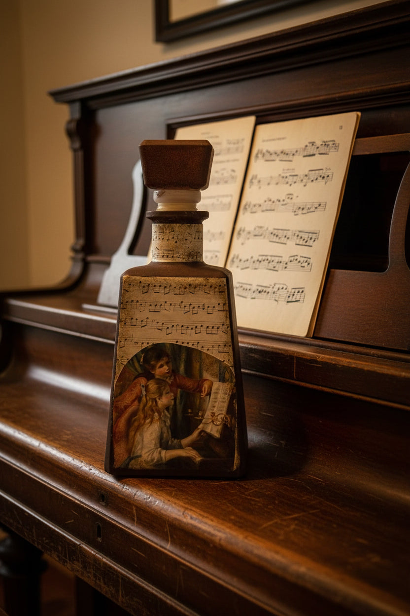 Upright piano with open sheet music and framed notes in the foreground