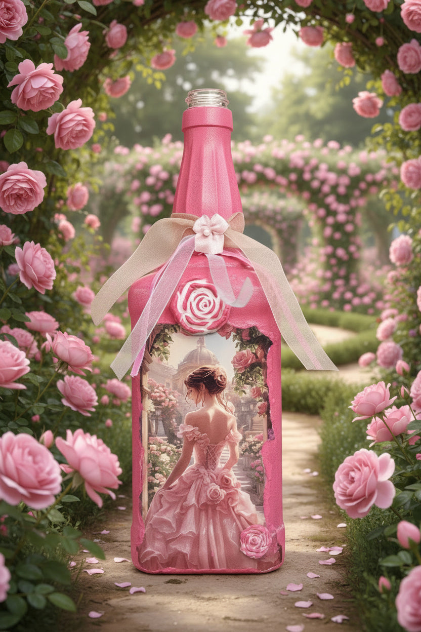 Decorative pink bottle with ribbon bow and doll dress inside