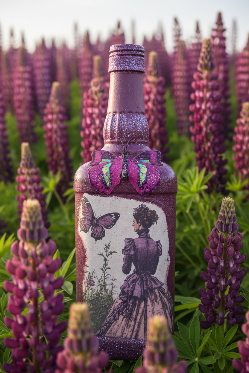 Decorative purple bottle with butterfly and floral fairy print, sparkly cap